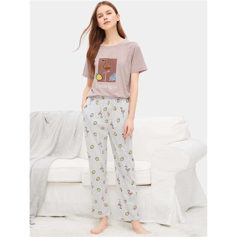 Dotfashion/пижамный комплект в полоску с принтом фламинго и фруктов, пижама, летние пижамы для женщин, повседневная одежда для сна с коротким рукавом, домашняя одежда