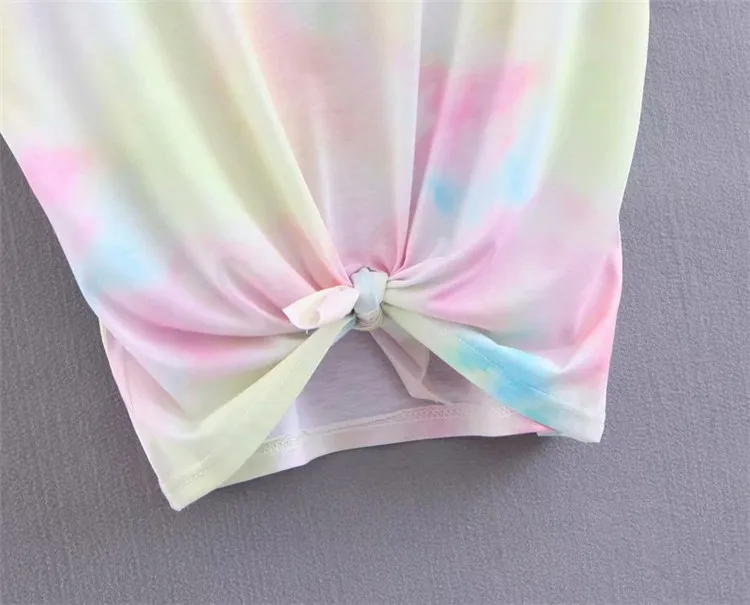 2019 European and American street fashion summer new women's round neck short-sleeved loose thin front tie knot dyed T-shirt | Женская