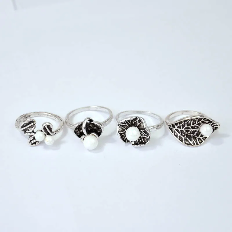 15Pcs Vintage Retro Imitation Pearls Ancient Silver Plated Women Ring lot female anel Jewelry Lots Top quality LR4050