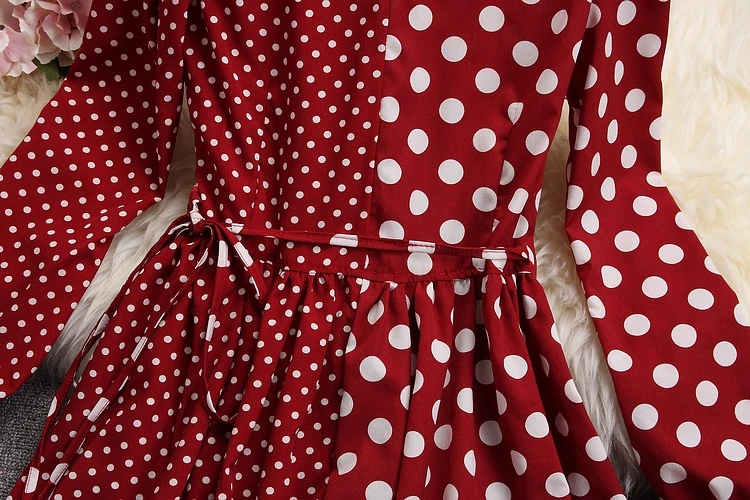 Женское винтажное платье в горошек ALPHALMODA лоскутное с длинными рукавами и поясом