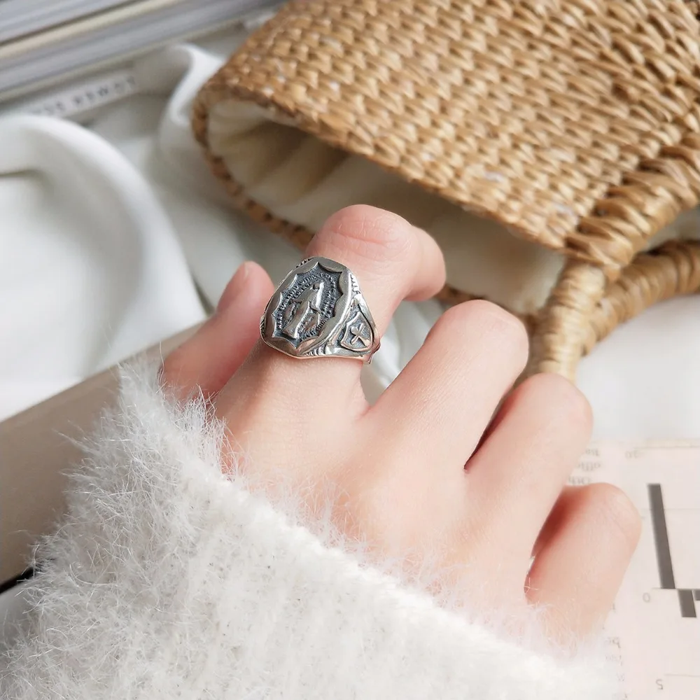 

High Quality 925 Sterling Silver Mary Rings Simple Fashion Vintage Design Wide Ring for Women Charms Luxurious Fine Jewelry Gift