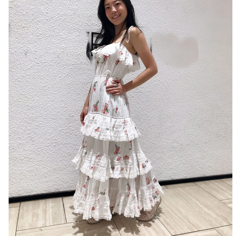 2019 Summer Runway Designer Woman Maxi Dress Off Shoulder Backless Cascading Ruffles Flower Print Spaghetti Strap Sexy | Женская одежда