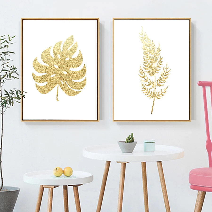 Абстрактные золотые постеры с листьями современный декор для стен Скандинавская