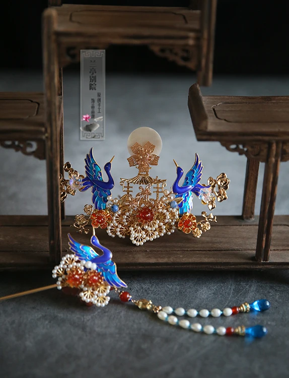 Song He Yan Nian Crane and Pinewood Longevity винтажная оригинальная тиара ручной работы и палочки для волос с бисероплетением и кисточками, ювелирные изделия для волос