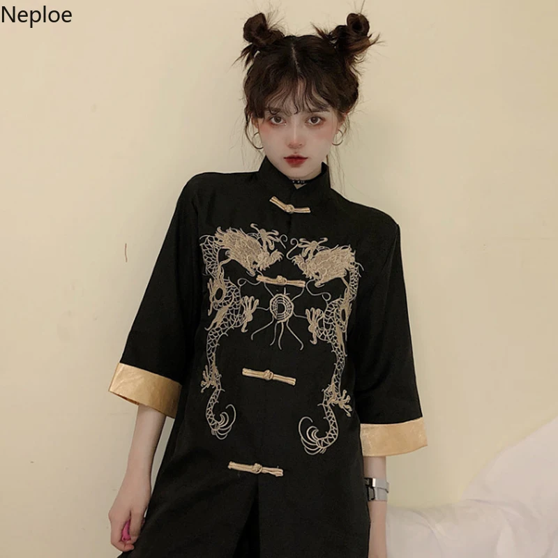Neploe, летние женские топы, блузка хараджуку, Ретро стиль, вышивка дракона, короткий рукав, блузки, черная рубашка, женская уличная одежда 38913