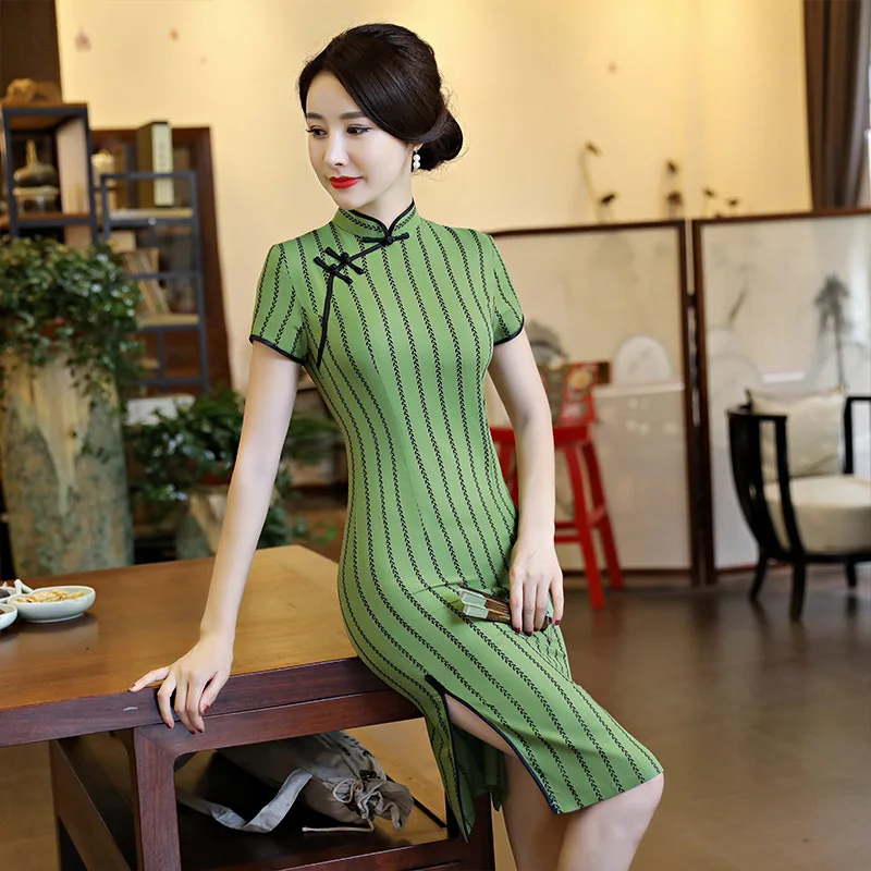 Винтажное Полосатое зеленое женское летнее платье Ципао короткое повседневное