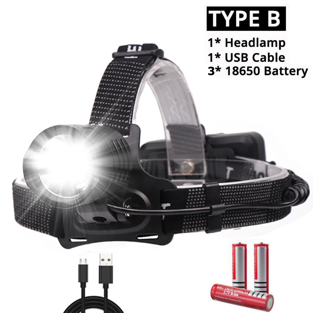 Package B Мощный светодиодный налобный фонарь XHP70 с подзарядкой от USB, водонепроницаемый Головной фонарь, регулируемый головной фонарь, яркий фонарь - Испускаемый цвет: Package B