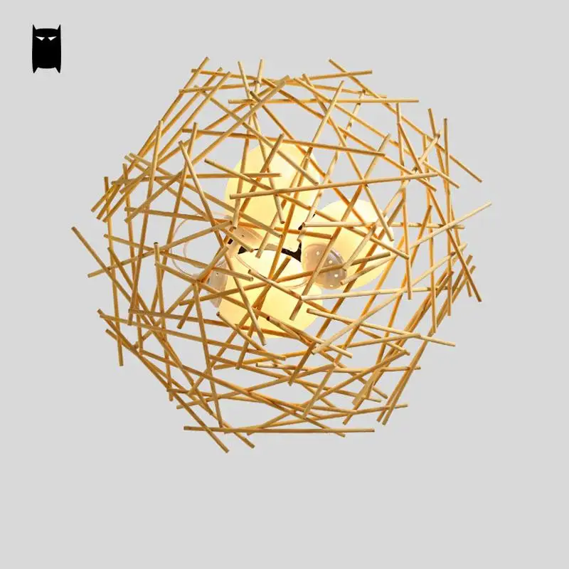 Подвесная лампа E27 56 см из плетеного ротанга с птичьим гнездом 3 матовых