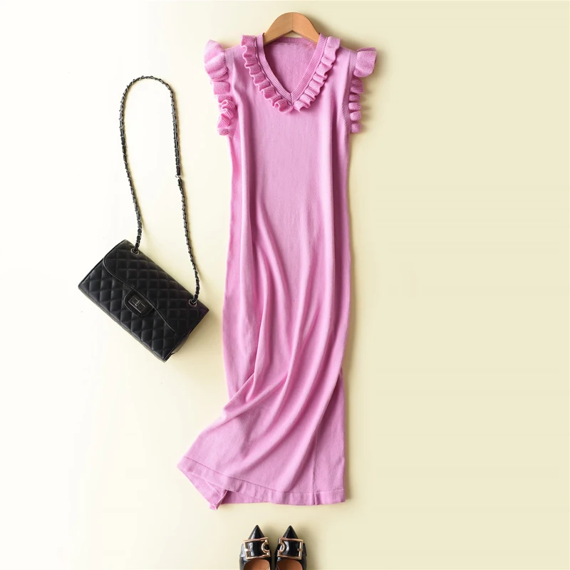 Women Sweater Dress Spring Autumn Cashmere Blending Ruffled V-Neck Frilled Tank Sleeveless Dresses Knit Pullover | Женская одежда
