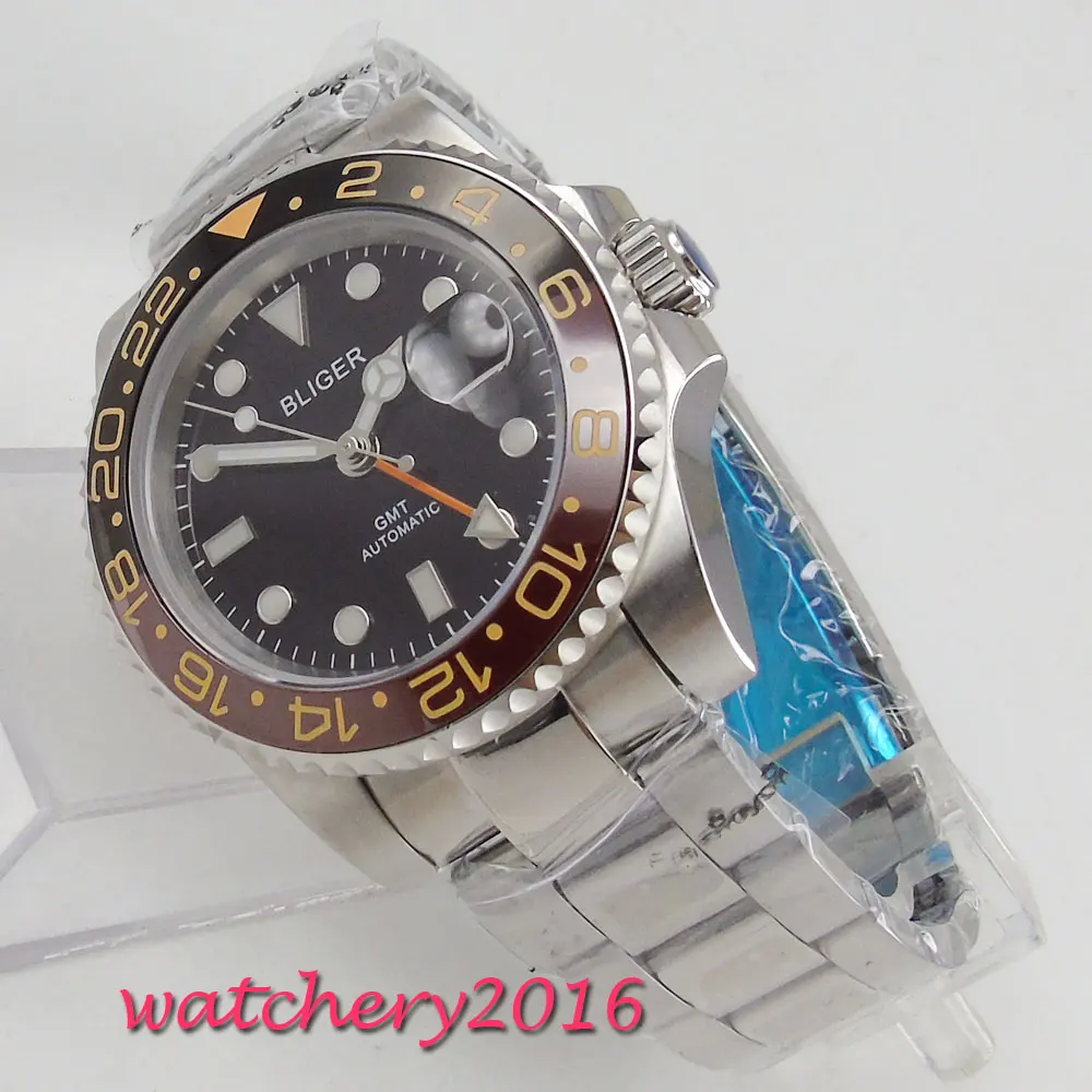 43 мм черный циферблат сапфировое стекло GMT Дата светящийся вращающийся