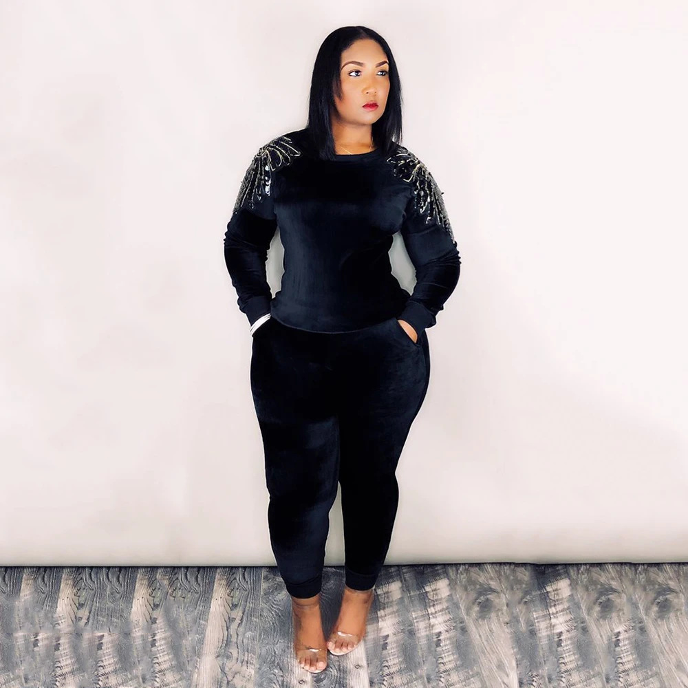 Women Two Piece Set Outfits Velvet Sequins Shoulder Patchwork O-Neck Long Sleeve Pullovers Pencil Pants Casual Sportswear |