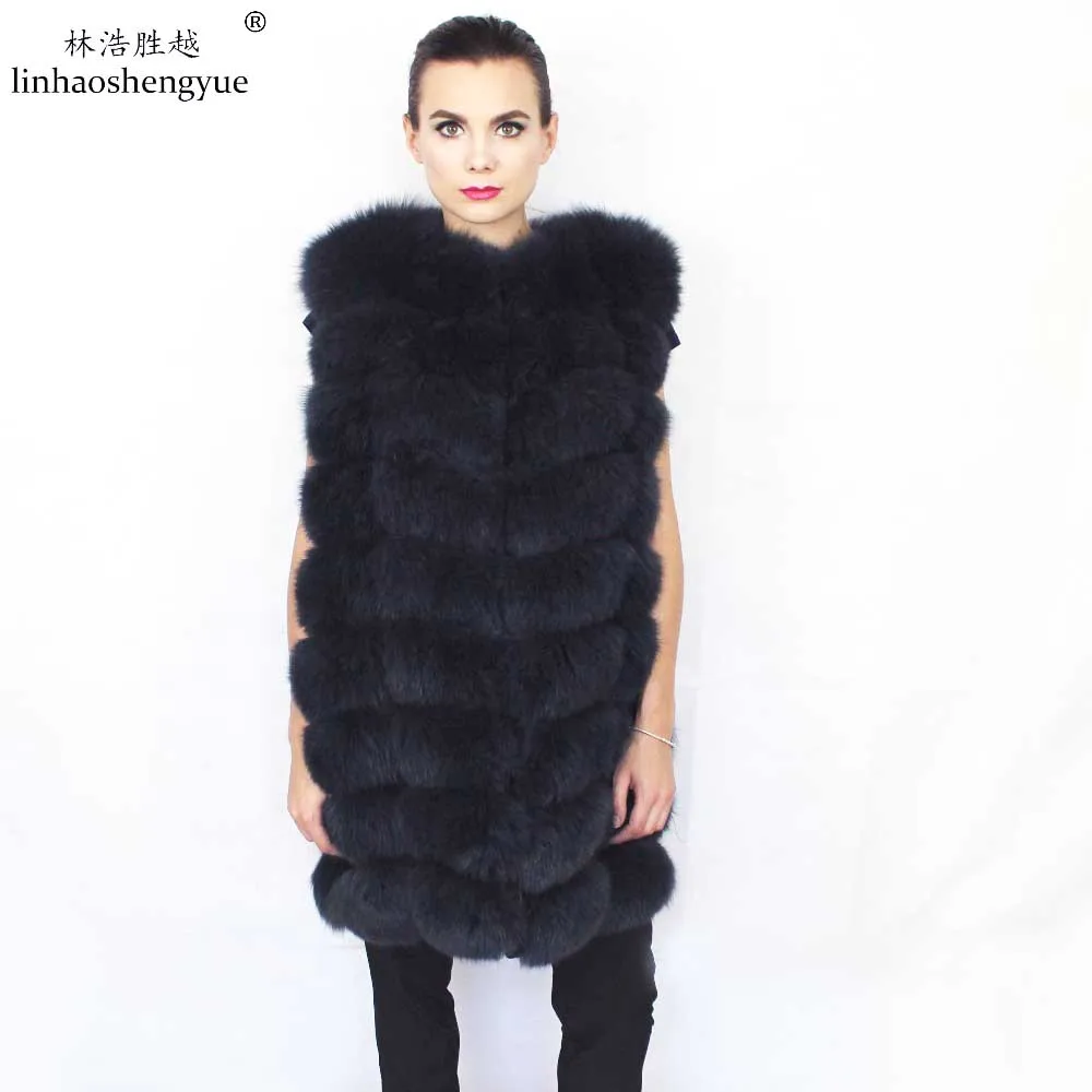 Linhaoshengyue Black Red 88CM Long Fox Fur Vest Women Long Real Fox Fur Vest