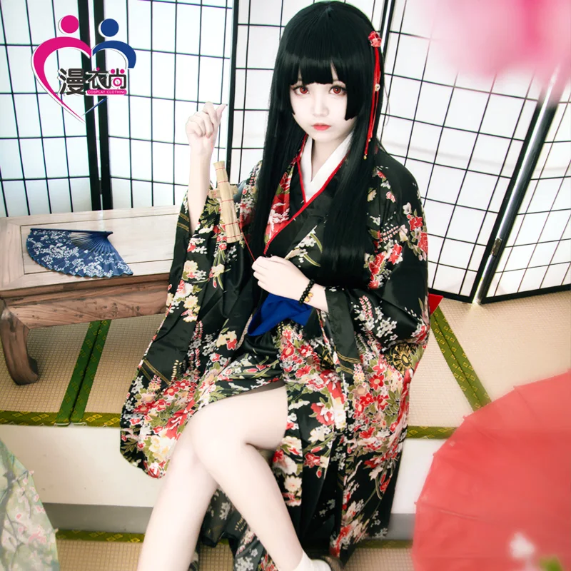 Jigoku Shoujo Enma Ai платье горничной кимоно юката униформа наряд Аниме Косплей костюмы кимоно+ пояс+ бант+ складной веер