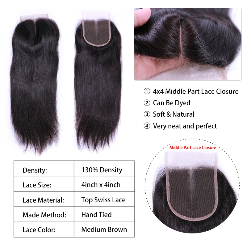 Фото Queen Hair Official Store HD Lace Brazilian Virgin Hair Closure 4x4 Middle Part Straight Natural Color 1B HD Swiss Lace Closure №2
