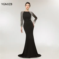 robe de soiree 2020 black evening dress mermaid long sleeves beads crystal tassel women formal prom evening gown abendkleider