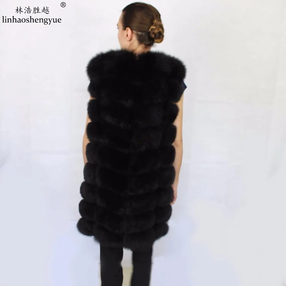 Linhaoshengyue Black Red 88CM Long Fox Fur Vest Women Long Real Fox Fur Vest