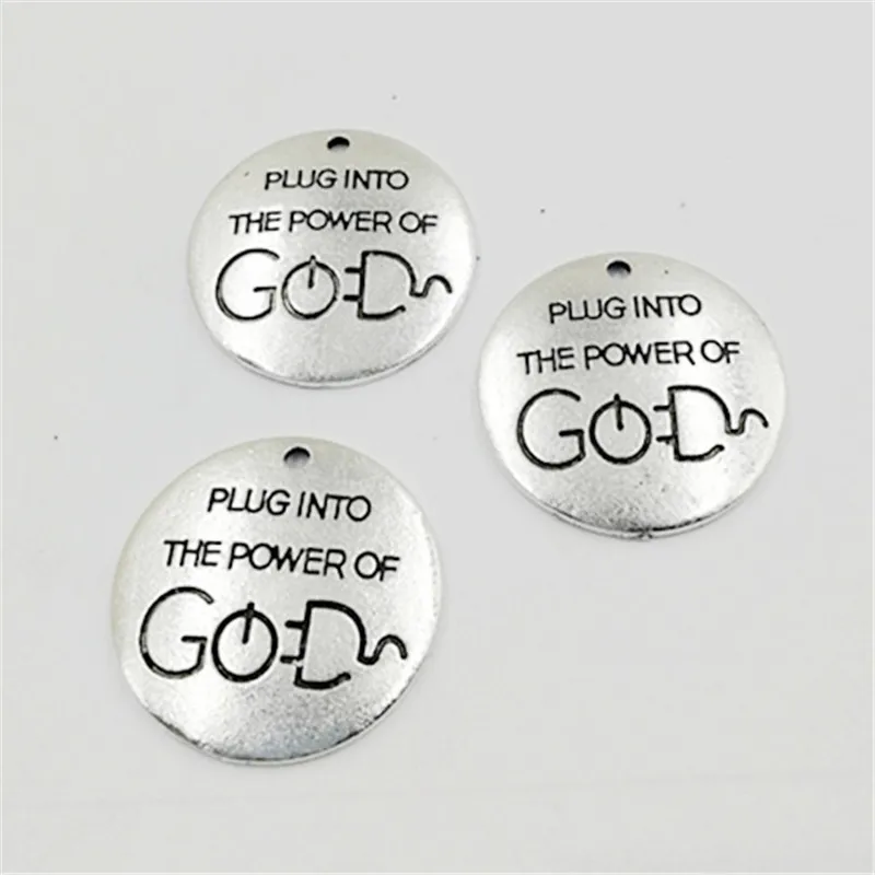 10 pcs/Lot 25mm Antique Silver colour letter printed plug into the power of god charm round disc message charms | Украшения и