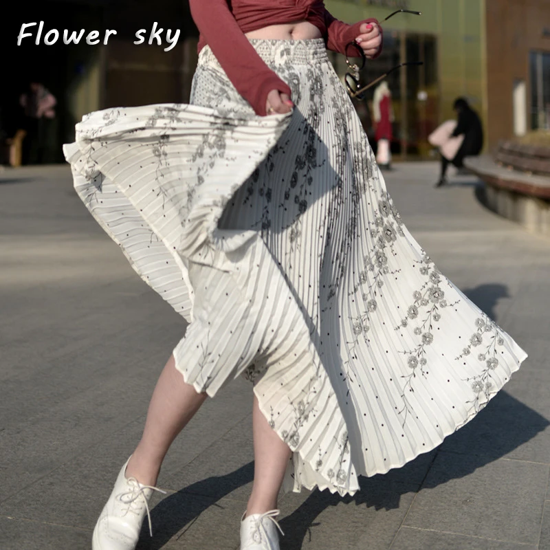 

FLOWER SKY Women Long Skirts Elastic Waist Pleated Maxi Skirts Beach Boho Vintage Summer pleated Skirts Faldas Saia