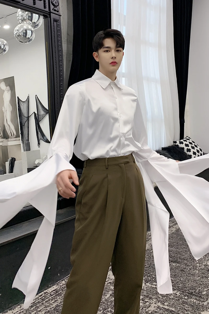 

M-2XL!! Spring new personality cuffs bow ribbon design men's long-sleeved shirt youth men and women neutral shirt tide.
