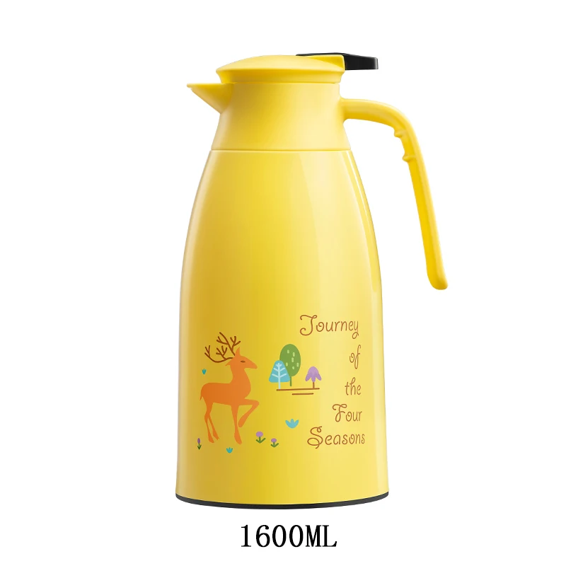Yellow 1600ml Большая емкость Милая мультяшная Двойная Стенка стеклянная вакуумная фляжка термос чайник Китай чайник кувшин пластиковый термоизоляционный горшок бутылки - Цвет: Yellow 1600ml