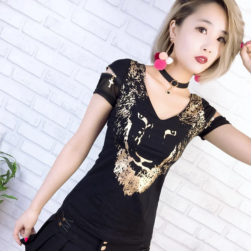 Black gold tshirt Сетчатая футболка с принтом животных, новинка, летняя женская сексуальная открытая футболка с v-образным вырезом и коротким рукавом, уличная одежда T95806L - Цвет: Black gold tshirt