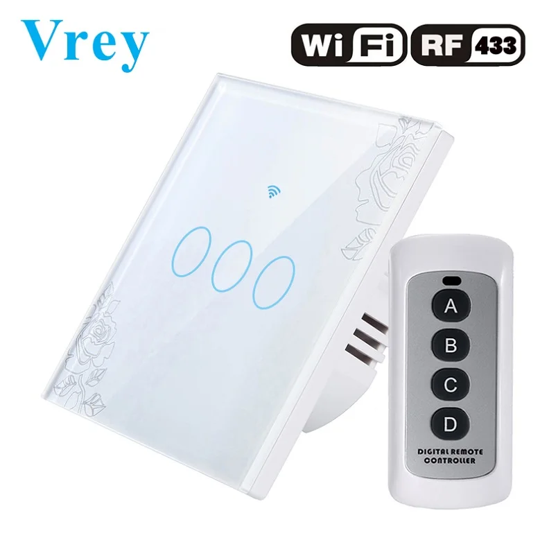 Сенсорный выключатель Vrey, умный светильник, настенный выключатель, wifi светильник, стандарт ЕС, работает с Alexa Google Home, 1way 3 банды - Цвет: VR-WIFI-03D Lace