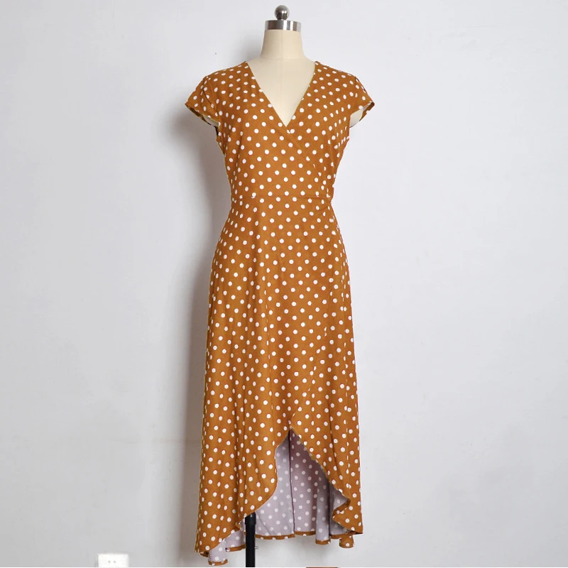 2019 женское платье в горошек с принтом летнее поясом v-образный вырез