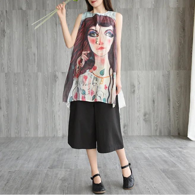 2019 элегантная женская рубашка без рукавов с принтом для отдыха летняя свободная