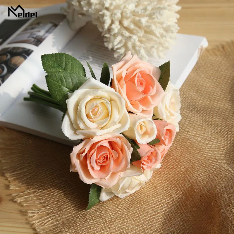 beige orange Meldel свадебные букет искусственного шелка Роза Пион 7 цветок с головками розовый букет невесты DIY Выходные туфли на выпускной бал Свадебные Поставки - Цвет: beige orange