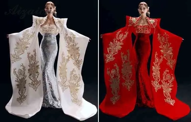 Новая вышивка Cheongsam Длинные вечерние платья для женщин Китайская традиционная одежда Qipao Королевский синий роскошный модный показ