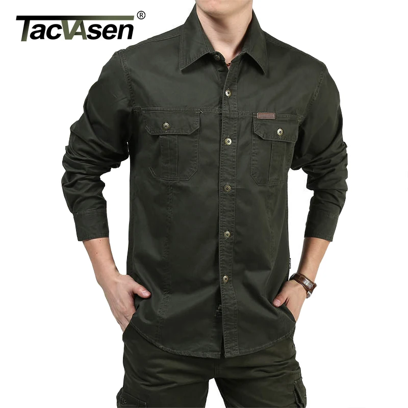 TACVASEN Men Cargo Shirts Summer Long Sleeve Cotton Work Shirts Military Army Tactical Shirts Solid Loose Man Clothing Plus Size