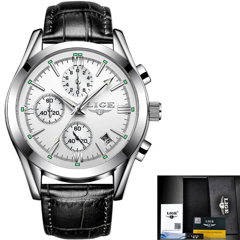Leather silver white LIGE мужские часы модные повседневные спортивные кварцевые часы Мужские часы-Хронограф Мужские Кожаные Деловые наручные часы Relogio Masculino - Цвет: Leather silver white