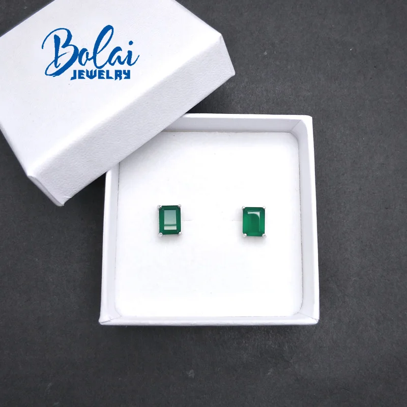 Bolaijewelry, серьги-гвоздики с изумрудной огранкой из агата, 925 серебро, натуральный зеленый агат, натуральный камень для женщин, лучший романтический подарок для девушки