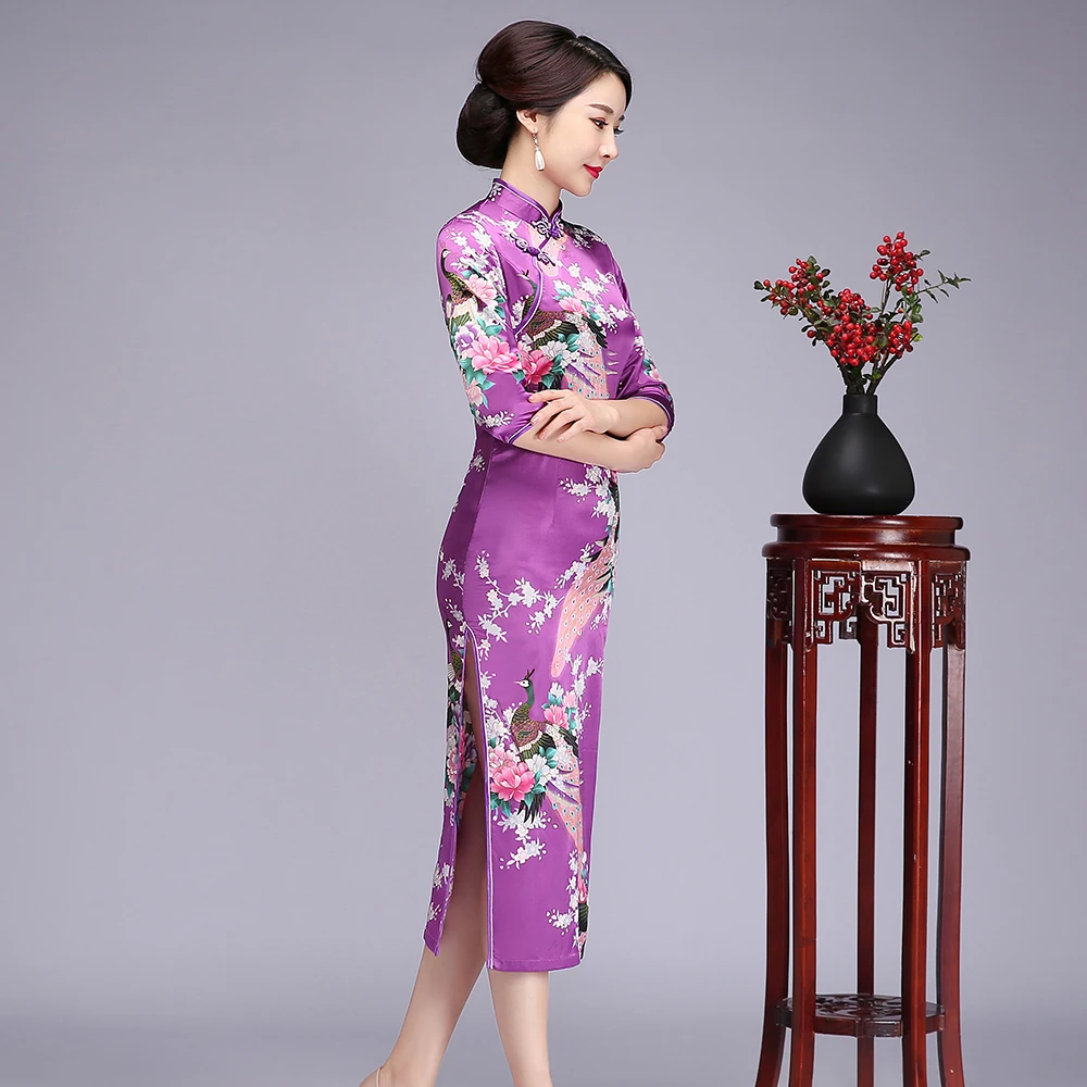 Винтажное тонкое женское длинное китайское традиционное платье с воротником