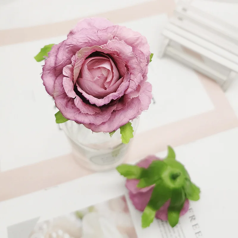 

10pcs 7cm Retro Crepe Flower Head Rose For Garden Wedding High Quality Artificial Flower Head Silk Flower Heads Gray/Pink/Purple