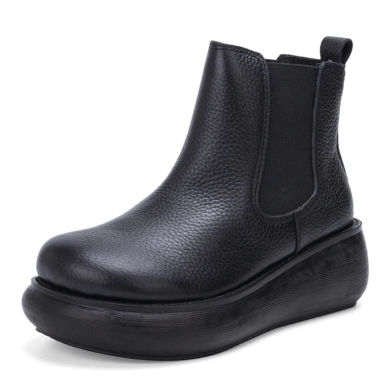 

508-1 Leisure Leather Boot Thick-soled Muffins Top Layer of Cow Leather Shoes Waterproof Single Boots Ankle Boots for Women