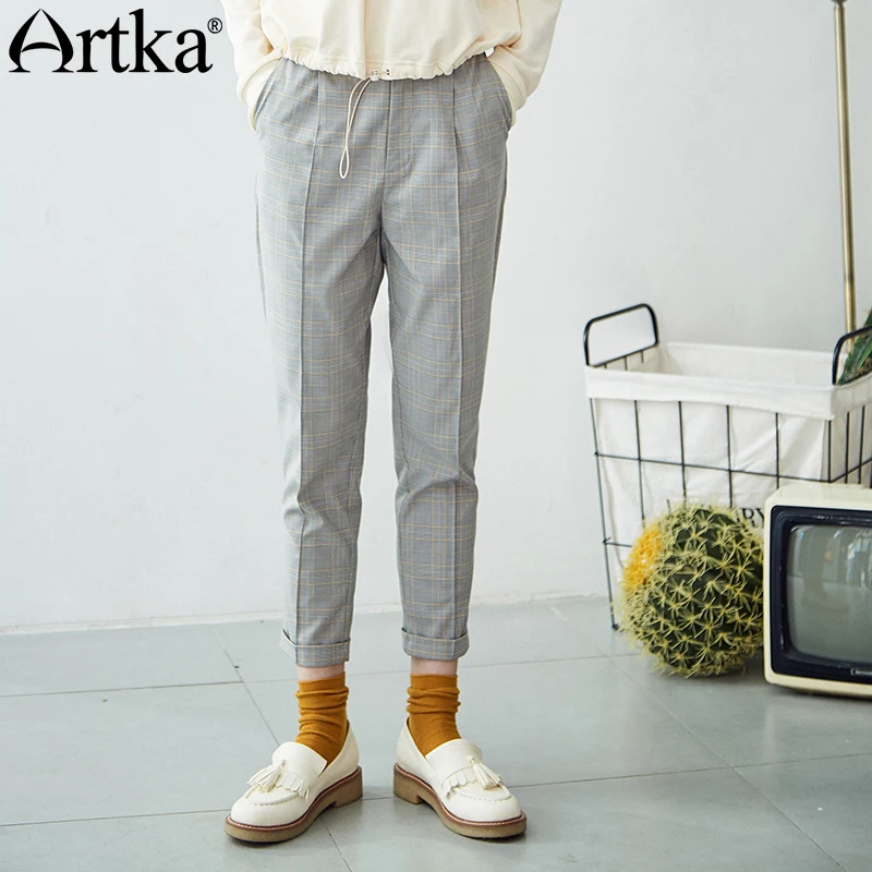 ARTKA 2018 осень новый английский стиль свернутый подол кнопки клетчатые брюки с