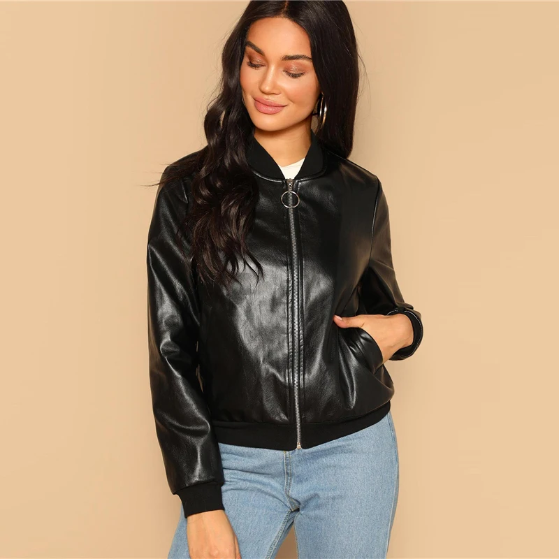 SHEIN Искусственный Кожаный Жакет-Бомбер На Молнии, Кожаная Куртка На Молнии, Куртка Из Эко Кожи