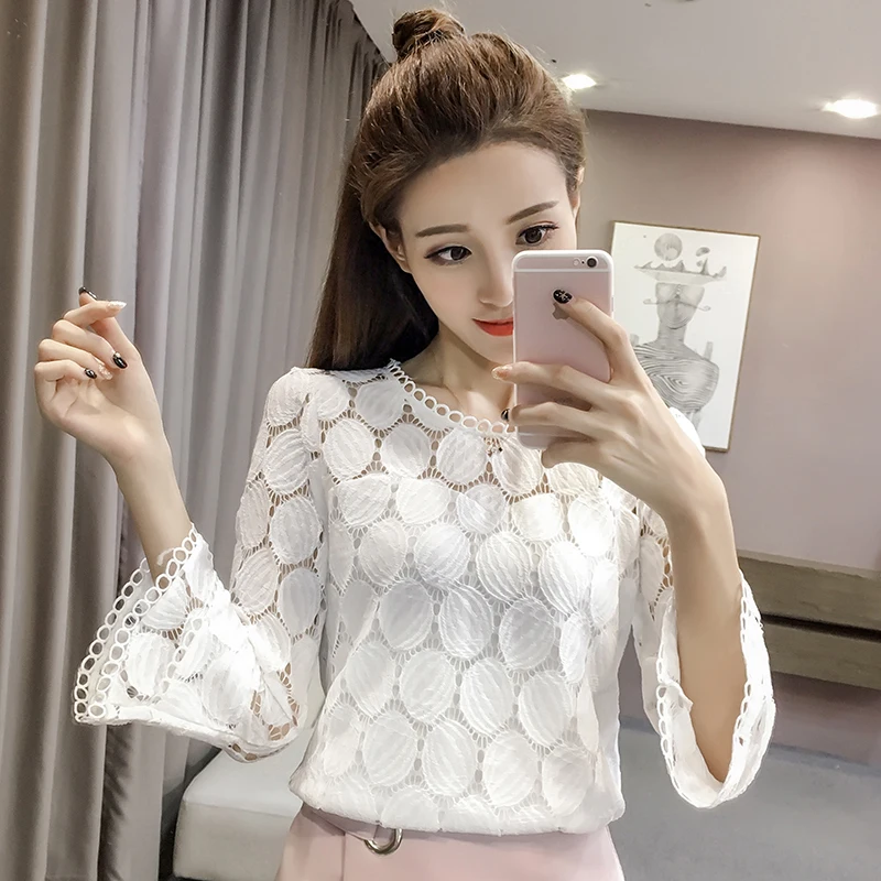 Новинка весна осень 2021 Корейская свободная пикантная кружевная блузка с длинным