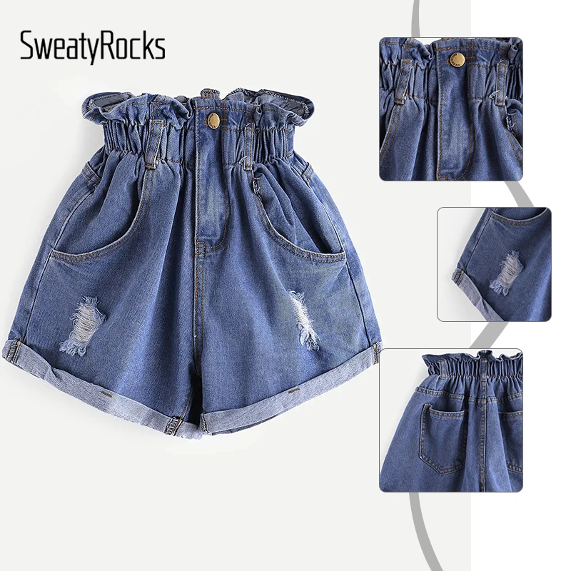 SweatyRocks/рваные джинсовые шорты с эластичной резинкой на талии, женские уличные шорты с высокой талией и карманами, летние однотонные шорты на пуговицах