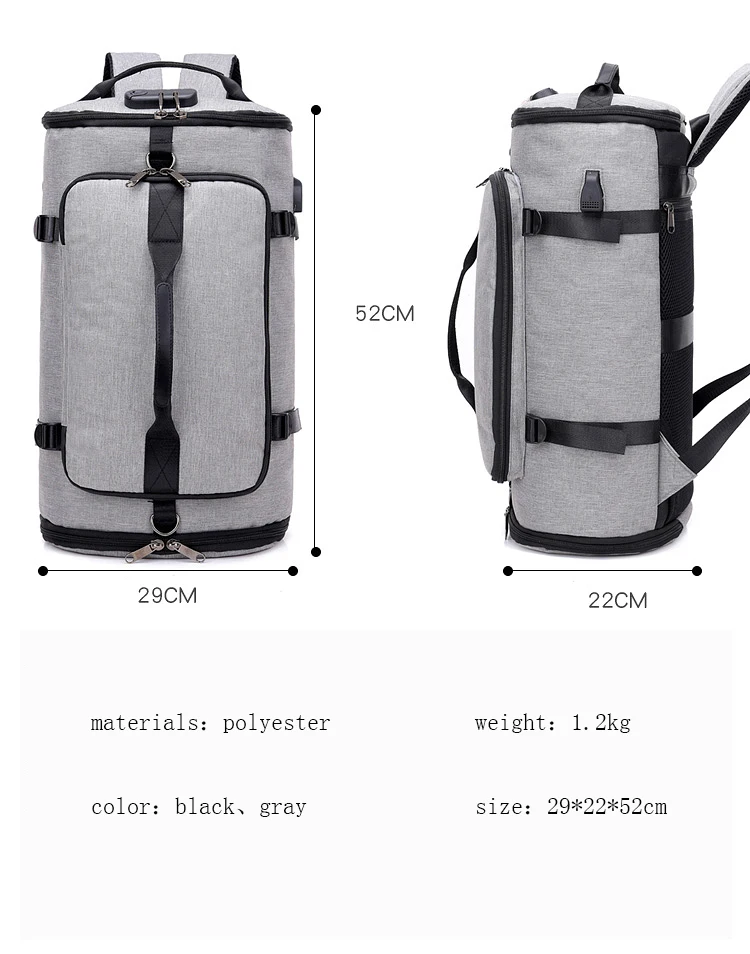 35L Мужская многофункциональная дорожная сумка, сумка для багажа, мужская дорожная сумка, большая вместительность, черный, серый Рюкзак, Брезентовая повседневная спортивная сумка
