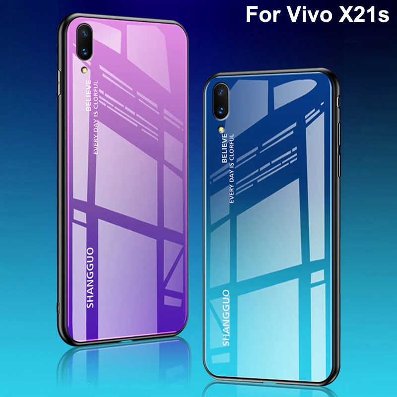 

Coque For Vivo X21s Case capa Luxury Hard Tempered Glass Fashion Gradient Protective Back Cover cases For Vivo X 21s phone shell