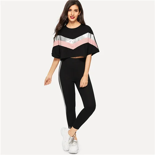 Многоцветный SweatyRocks Colorblock летучая мышь укороченный топ и контрастная панель брюки для девочек комплект повседневное Athleisure комплект из двух предметов для женщи - Цвет: Многоцветный