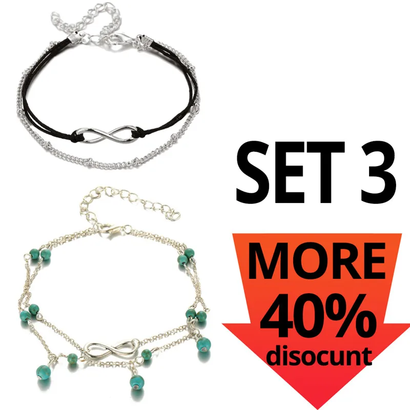 Cheaper SET 3 17 км Boho бесконечные Бусы ножные браслеты для женщин Мода Защита от Солнца Кулон многослойный ножной браслет хлопок ручной работы цепочка для ног Ювелирные изделия - Окраска металла: Cheaper SET 3