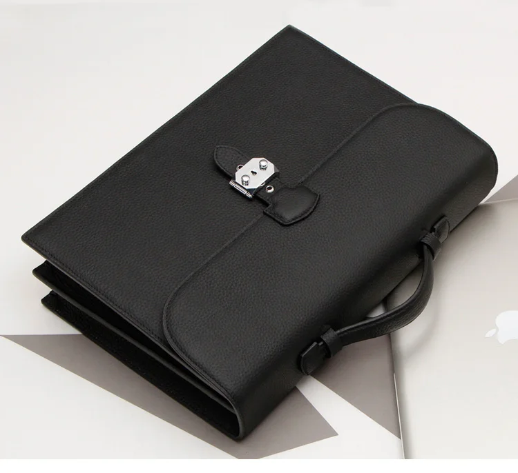 Черный A4 натуральная кожа сумки из натуральной кожи Бизнес Портфель Padfolio сумка менеджера папка для документов Органайзер с ручками замок с ключом 1309A - Цвет: Черный