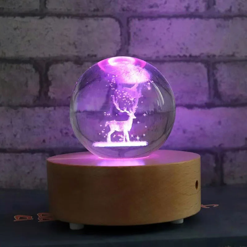 3D Музыкальная шкатулка в виде хрустального шара ночной Светильник Светодиодный Настольные лампы лист лося Роза медведь Одуванчик луна лампа с подарочной коробкой для украшения дома