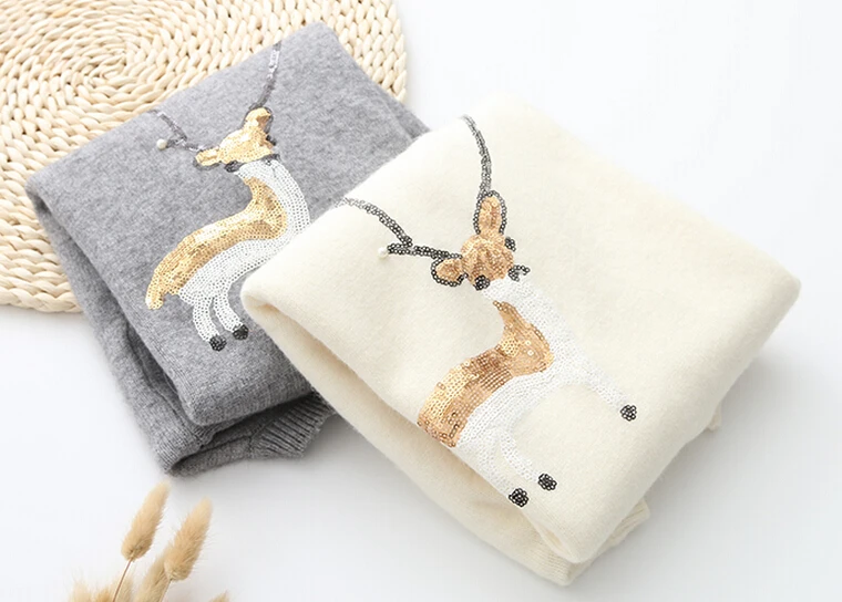 2016 Spring new harajuku women's casual long sleeve o-neck cute deer embroidery sequins beading decorate loose Pullover sweaters | Женская