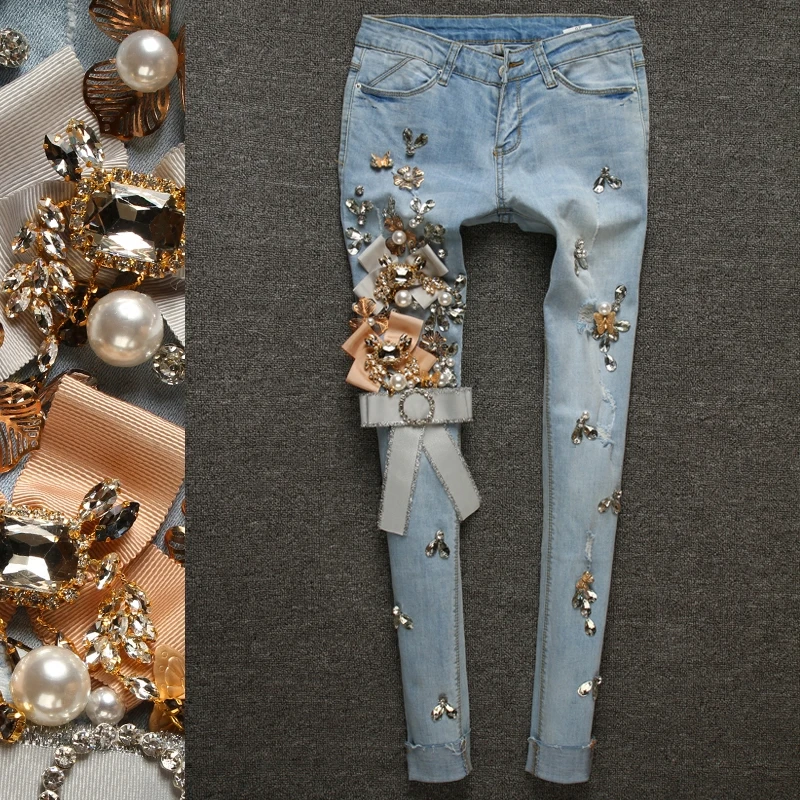 Женские джинсы штаны-карандаш стрейч из денима роскошные стразы с бусинами и