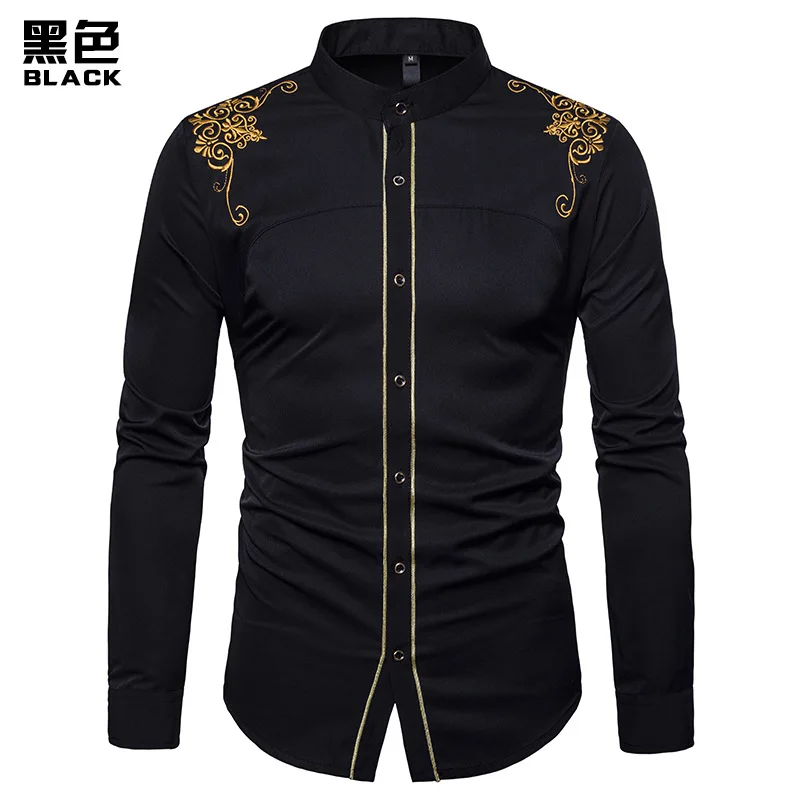 b4649 black Мужская рубашка со стоячим воротником, новинка, Брендовые мужские рубашки с длинным рукавом с золотой вышивкой, приталенные хлопковые мужские рубашки, повседневные мужские рубашки - Цвет: b4649 black