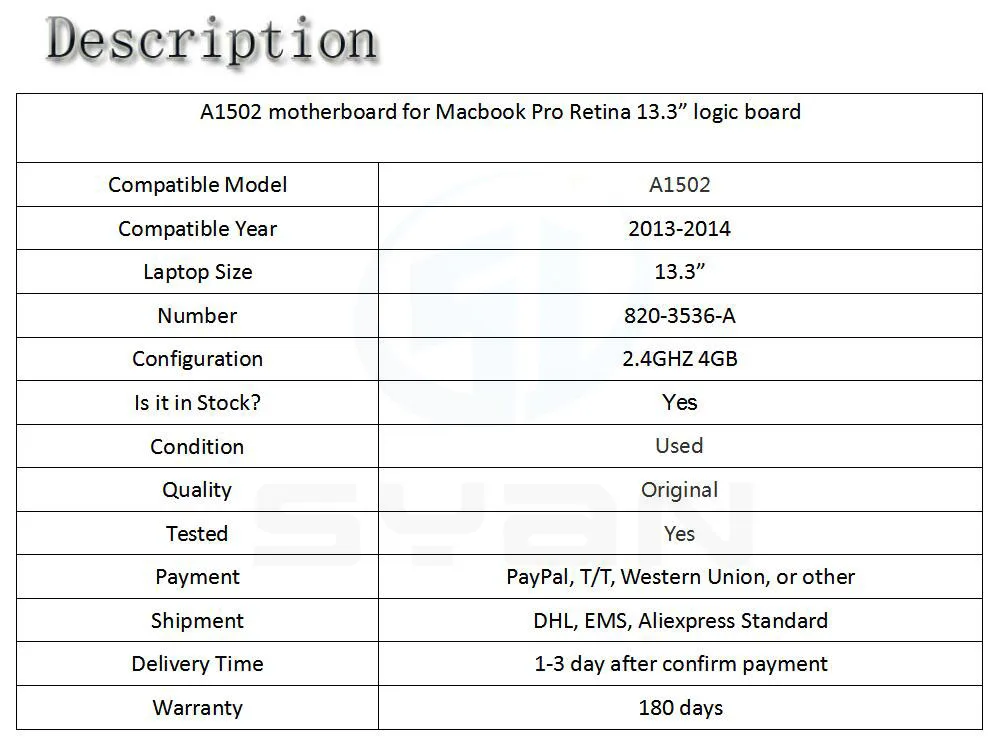 A1502 материнская плата для Macbook Pro retina 13," 2,4 ГГц 4 Гб материнская плата 820-3536-A 2013